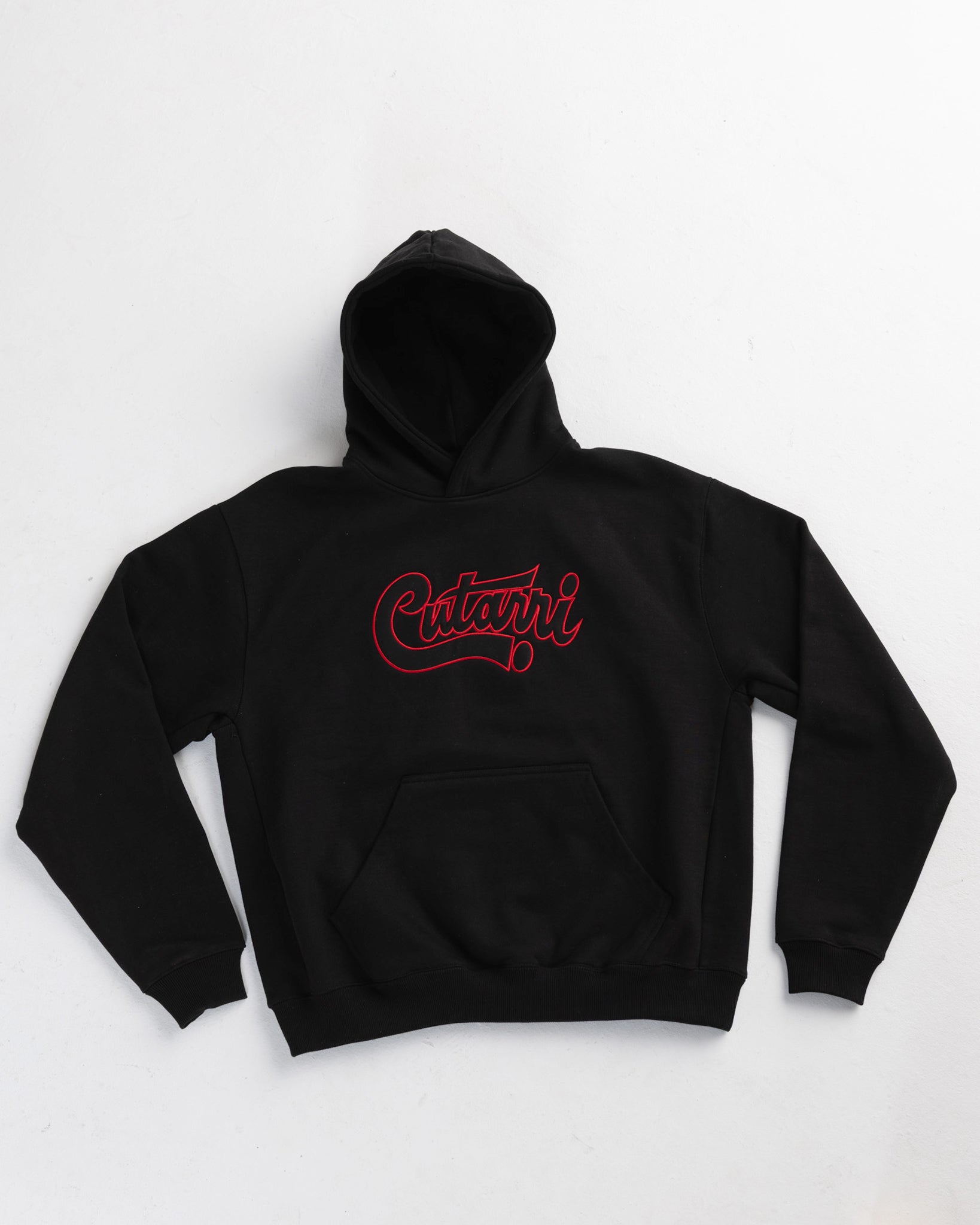 Black hoodie with red text on a white background